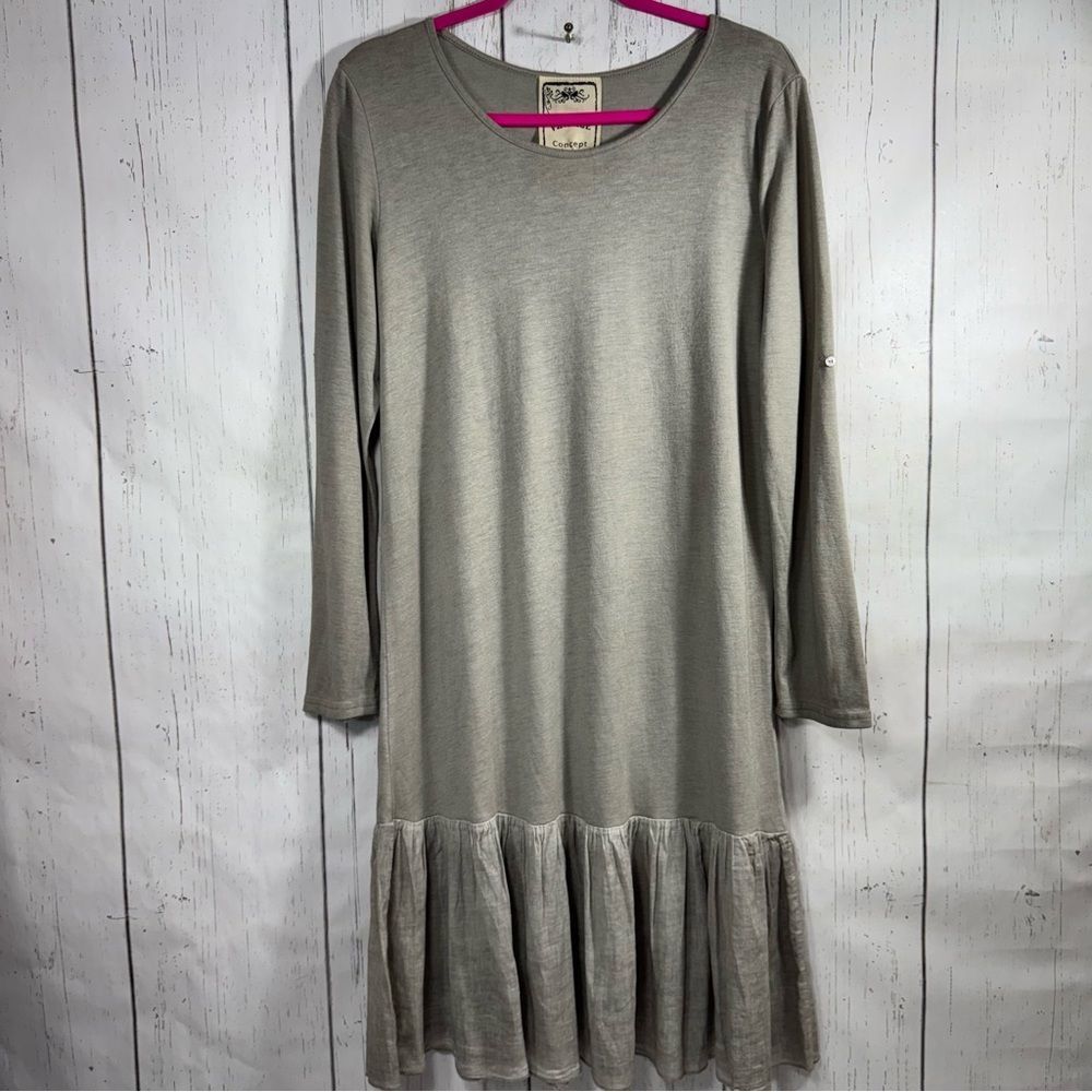 Vintage Concept Taupe Ruffled Pleated Hem Long Tab Sleeve Mini Dress Linen Blend